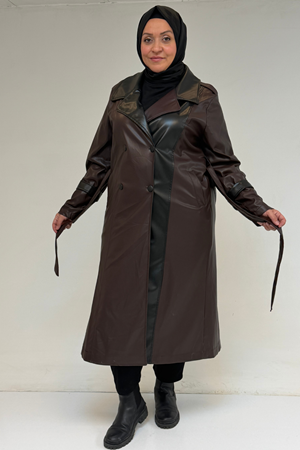 43099 Büyük Beden Deri Kombinli Düğmeli Kap - Kahve