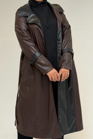 43099 Büyük Beden Deri Kombinli Düğmeli Kap - Kahve