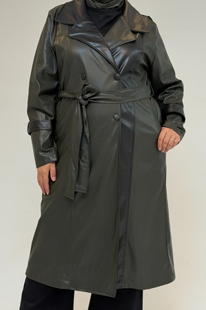 43099 Büyük Beden Deri Kombinli Düğmeli Kap - Haki