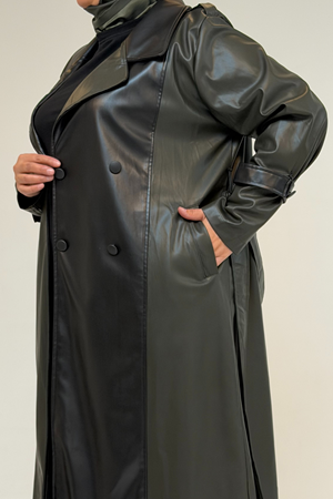 43099 Büyük Beden Deri Kombinli Düğmeli Kap - Haki