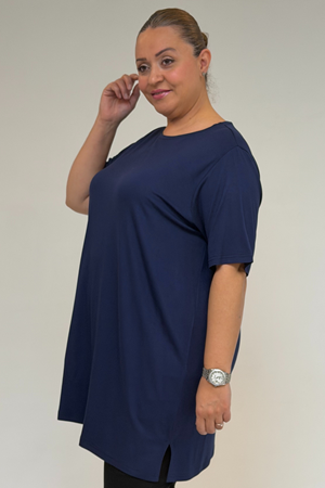 58507 Büyük Beden Yakası Biyeli Penye Tişört - İndigo