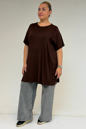 58507 Büyük Beden Yakası Biyeli Penye Tişört - Kahve