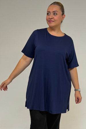 58507 Büyük Beden Yakası Biyeli Penye Tişört - İndigo
