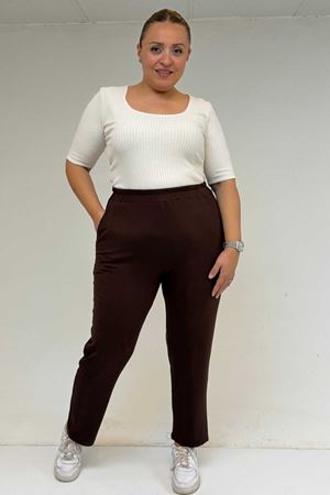 39001 Büyük Beden Yüksek Beli Lastikli Penye Pantolon - Kahve
