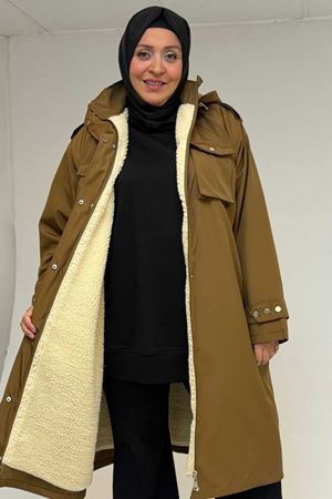 43061 Büyük Beden Kapaklı Cepli Fermuarlı Bondit Kap - Taba