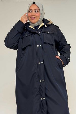 43061 Büyük Beden Kapaklı Cepli Fermuarlı Bondit Kap - Lacivert