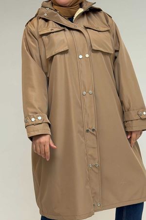 43061 Büyük Beden Kapaklı Cepli Fermuarlı Bondit Kap - Bej