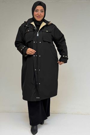 43061 Büyük Beden Kapaklı Cepli Fermuarlı Bondit Kap - Siyah