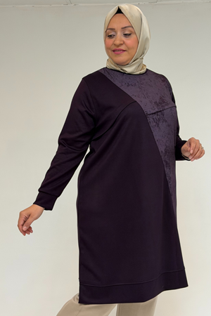 48110 Büyük Beden Batik Garni Detaylı Modal Tunik - Mürdüm