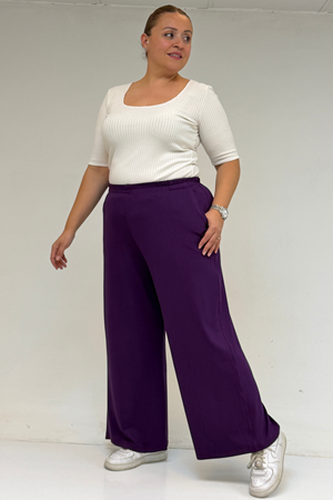 39000 Büyük Beden Yüksek Beli Lastikli Bol Paça Penye Pantolon - Mürdüm