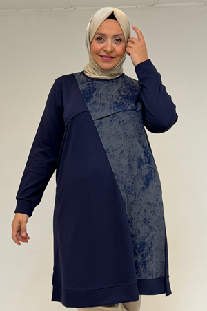 48110 Büyük Beden Batik Garni Detaylı Modal Tunik - İndigo