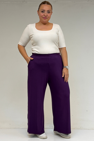 39000 Büyük Beden Yüksek Beli Lastikli Bol Paça Penye Pantolon - Mürdüm