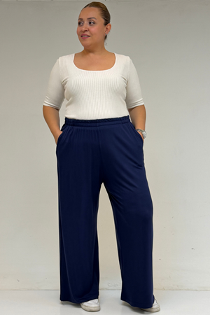 39000 Büyük Beden Yüksek Beli Lastikli Bol Paça Penye Pantolon - İndigo