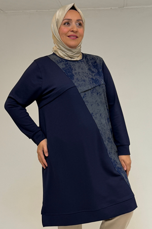 48110 Büyük Beden Batik Garni Detaylı Modal Tunik - İndigo