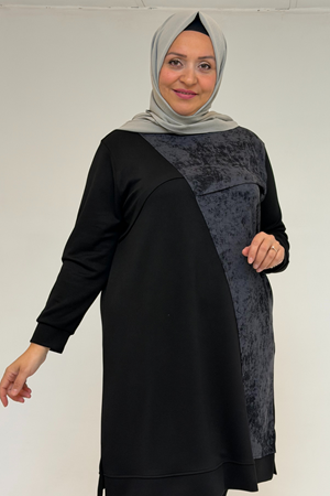 48110 Büyük Beden Batik Garni Detaylı Modal Tunik - Siyah