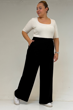 39000 Büyük Beden Yüksek Beli Lastikli Bol Paça Penye Pantolon - Siyah