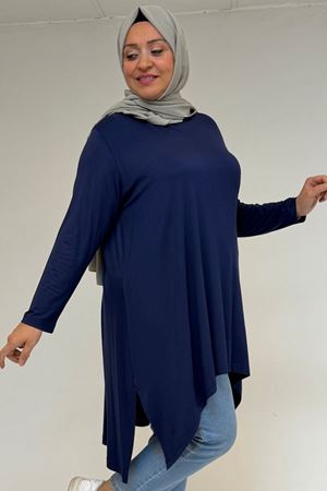 58070 Büyük Beden Asimetrik Kesim Penye Tunik - İndigo