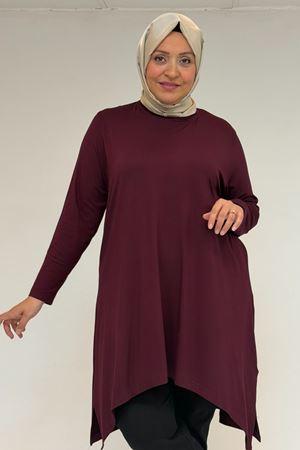 58070 Büyük Beden Asimetrik Kesim Penye Tunik - Bordo