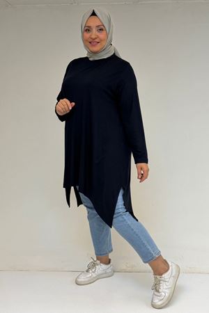58070 Büyük Beden Asimetrik Kesim Penye Tunik - Lacivert