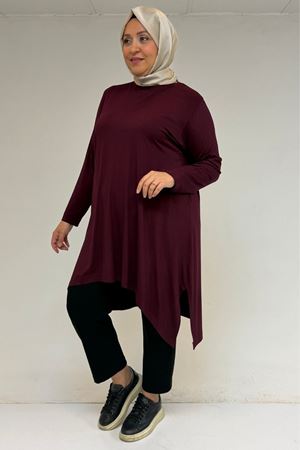 58070 Büyük Beden Asimetrik Kesim Penye Tunik - Bordo
