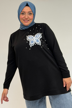 58172 Büyük Beden Taş Baskı Detaylı Kristal Tunik - Siyah