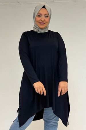 58070 Büyük Beden Asimetrik Kesim Penye Tunik - Lacivert