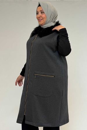 44006 Büyük Beden Cepleri Fermuarlı Üç İplik Yelek - Antrasit