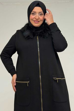 44006 Büyük Beden Cepleri Fermuarlı Üç İplik Yelek - Siyah