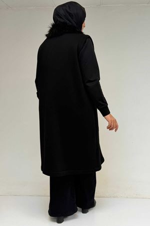 44006 Büyük Beden Cepleri Fermuarlı Üç İplik Yelek - Siyah