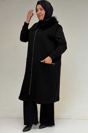 44006 Büyük Beden Cepleri Fermuarlı Üç İplik Yelek - Siyah