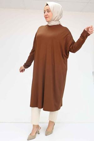 28092 Büyük Beden Düşük Kol Penye Tunik - Kahve