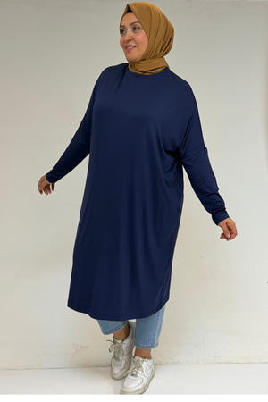28092 Büyük Beden Düşük Kol Penye Tunik - İndigo