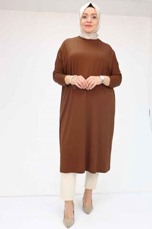 28092 Büyük Beden Düşük Kol Penye Tunik - Kahve