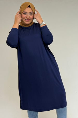 28092 Büyük Beden Düşük Kol Penye Tunik - İndigo