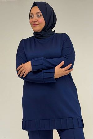 47069 Büyük Beden Çıma Detaylı Modal Pantolonlu Takım - İndigo