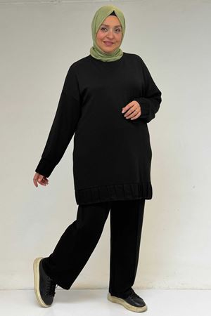 47069 Büyük Beden Çıma Detaylı Modal Pantolonlu Takım - Siyah