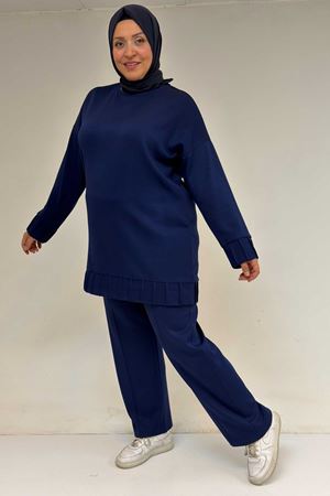 47069 Büyük Beden Çıma Detaylı Modal Pantolonlu Takım - İndigo