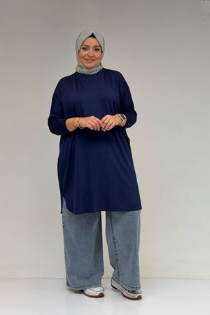 38111 Büyük Beden Basic Penye Tunik - İndigo