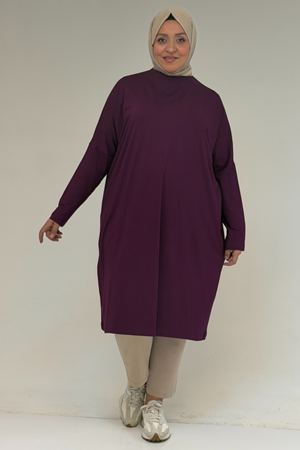 28092 Büyük Beden Düşük Kol Penye Tunik - Mürdüm