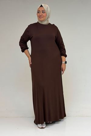 22008 Büyük Beden Kolu Lastikli Penye Elbise-Kahve