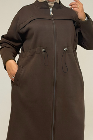 43065 Büyük Beden Hakim Yaka Önden Fermuarlı Üç İplik Kap - Kahve