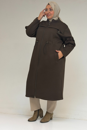 43065 Büyük Beden Hakim Yaka Önden Fermuarlı Üç İplik Kap - Kahve