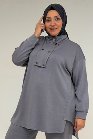 57034 Büyük Beden Çift Düğme Detaylı Modal Pantolonlu Takım - Gri