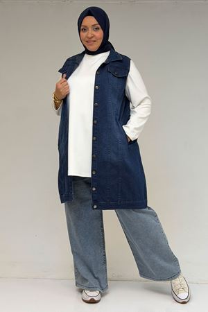 44002-1 Büyük Beden Çift Cepli Sprey Taşlama Detaylı Kot Yelek  -Mavi