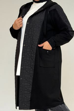 53030  Büyük Beden Kapşonlu Cepli Kapitone-Modal Kap - Siyah-Siyah