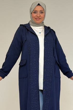 53030  Büyük Beden Kapşonlu Cepli Kapitone-Modal Kap - İndigo-İndigo