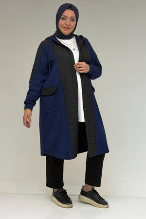 53030  Büyük Beden Kapşonlu Cepli Kapitone-Modal Kap - Siyah-İndigo