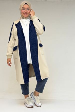 53030  Büyük Beden Kapşonlu Cepli Kapitone-Modal Kap - İndigo-Bej