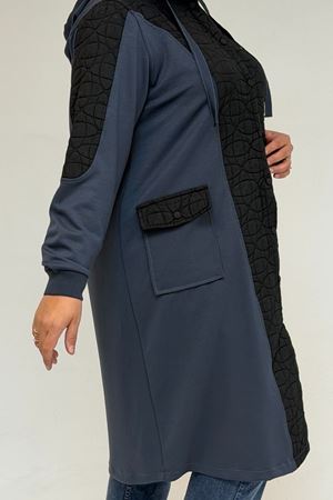 53030  Büyük Beden Kapşonlu Cepli Kapitone-Modal Kap - Siyah-Antrasit