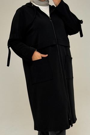 53071 Büyük Beden Kapüşonlu Patlı Çelik Ceket - Siyah